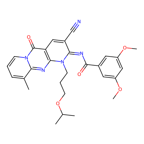 (E)-N-(3-cyano-1-(3-isopropoxypropyl)-10-methyl-5-oxo-1H-dipyrido[1,2-a:2',3'-d]pyrimidin-2(5H)-ylidene)-3,5-dimethoxybenzamide structure