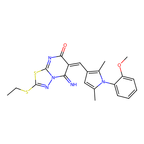 (6E)-2-(ethylsulfanyl)-5-imino-6-{[1-(2-methoxyphenyl)-2,5-dimethyl-1H-pyrrol-3-yl]methylidene}-5,6-dihydro-7H-[1,3,4]thiadiazolo[3,2-a]pyrimidin-7-one structure