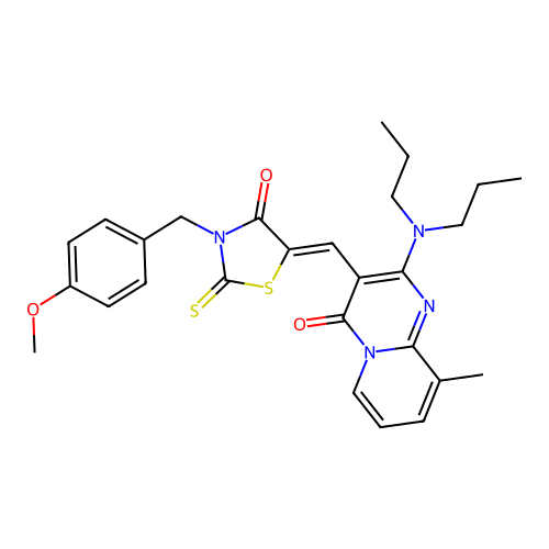 2-(dipropylamino)-3-{(Z)-[3-(4-methoxybenzyl)-4-oxo-2-thioxo-1,3-thiazolidin-5-ylidene]methyl}-9-methyl-4H-pyrido[1,2-a]pyrimidin-4-one structure