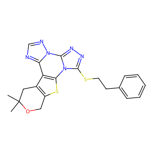 12,12-dimethyl-7-(phenethylthio)-12,13-dihydro-10H-pyrano[4',3':4,5]thieno[3,2-e]bis([1,2,4]triazolo)[4,3-a:1',5'-c]pyrimidine structure