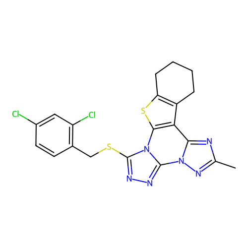 7-((2,4-dichlorobenzyl)thio)-2-methyl-10,11,12,13-tetrahydrobenzo[4,5]thieno[3,2-e]bis([1,2,4]triazolo)[4,3-a:1',5'-c]pyrimidine structure