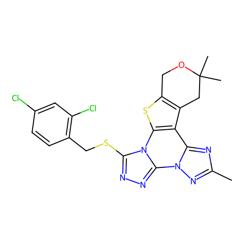 7-((2,4-dichlorobenzyl)thio)-2,12,12-trimethyl-12,13-dihydro-10H-pyrano[4',3':4,5]thieno[3,2-e]bis([1,2,4]triazolo)[4,3-a:1',5'-c]pyrimidine structure