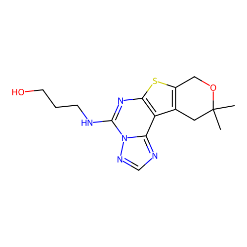 3-((10,10-dimethyl-10,11-dihydro-8H-pyrano[4',3':4,5]thieno[3,2-e][1,2,4]triazolo[1,5-c]pyrimidin-5-yl)amino)propan-1-ol structure