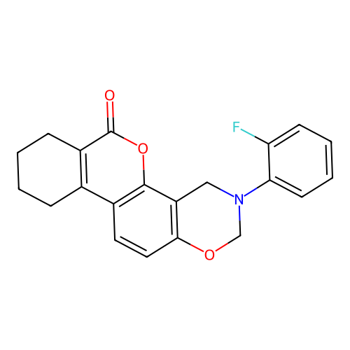 3-(2-fluorophenyl)-2,4,7,8,9,10-hexahydroisochromeno[3,4-f][1,3]benzoxazin-6-one structure