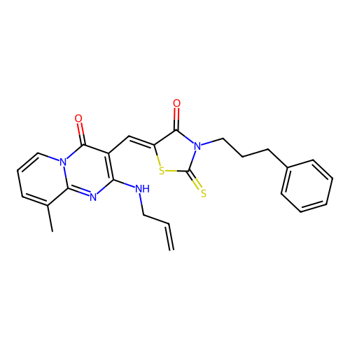 (Z)-5-((2-(allylamino)-9-methyl-4-oxo-4H-pyrido[1,2-a]pyrimidin-3-yl)methylene)-3-(3-phenylpropyl)-2-thioxothiazolidin-4-one structure