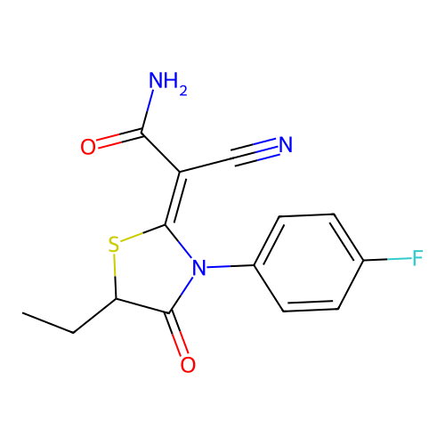 (2Z)-2-cyano-2-[5-ethyl-3-(4-fluorophenyl)-4-oxo-1,3-thiazolidin-2-ylidene]acetamide structure