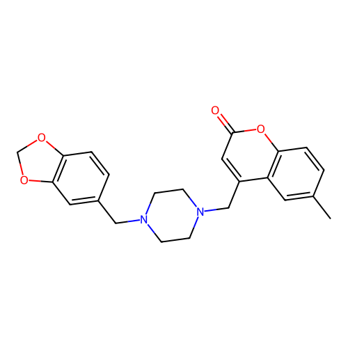 4-((4-(benzo[d][1,3]dioxol-5-ylmethyl)piperazin-1-yl)methyl)-6-methyl-2H-chromen-2-one structure