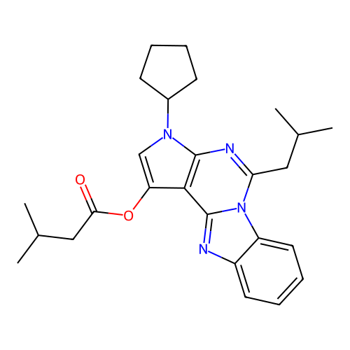 3-cyclopentyl-5-(2-methylpropyl)-3H-pyrrolo[2',3':4,5]pyrimido[1,6-a]benzimidazol-1-yl 3-methylbutanoate structure