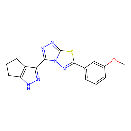 6-(3-methoxyphenyl)-3-(1,4,5,6-tetrahydrocyclopenta[c]pyrazol-3-yl)-[1,2,4]triazolo[3,4-b][1,3,4]thiadiazole structure