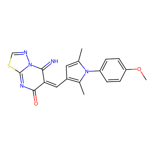 (E)-5-imino-6-((1-(4-methoxyphenyl)-2,5-dimethyl-1H-pyrrol-3-yl)methylene)-5H-[1,3,4]thiadiazolo[3,2-a]pyrimidin-7(6H)-one structure