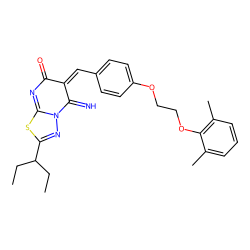(E)-6-(4-(2-(2,6-dimethylphenoxy)ethoxy)benzylidene)-5-imino-2-(pentan-3-yl)-5H-[1,3,4]thiadiazolo[3,2-a]pyrimidin-7(6H)-one structure
