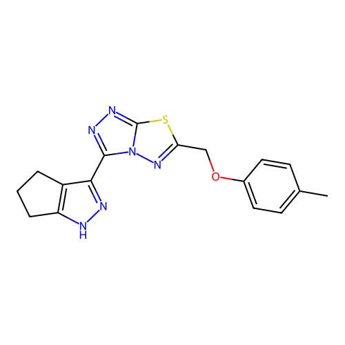 3-(1,4,5,6-tetrahydrocyclopenta[c]pyrazol-3-yl)-6-((p-tolyloxy)methyl)-[1,2,4]triazolo[3,4-b][1,3,4]thiadiazole structure