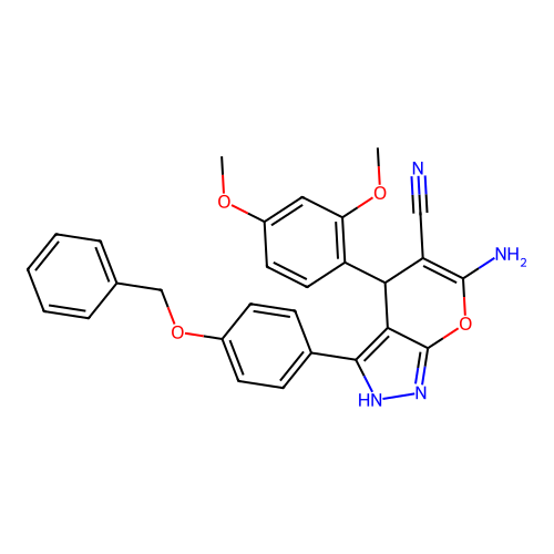6-amino-3-(4-(benzyloxy)phenyl)-4-(2,4-dimethoxyphenyl)-1,4-dihydropyrano[2,3-c]pyrazole-5-carbonitrile structure