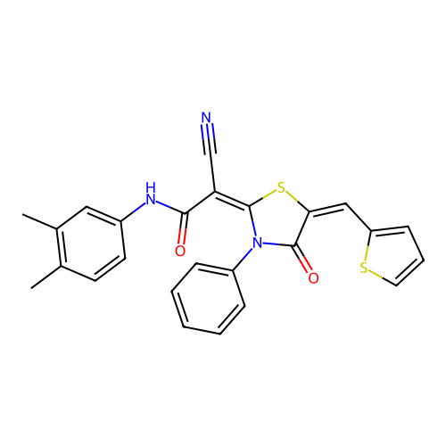 (2E)-2-cyano-N-(3,4-dimethylphenyl)-2-[(5E)-4-oxo-3-phenyl-5-(thiophen-2-ylmethylidene)-1,3-thiazolidin-2-ylidene]acetamide structure