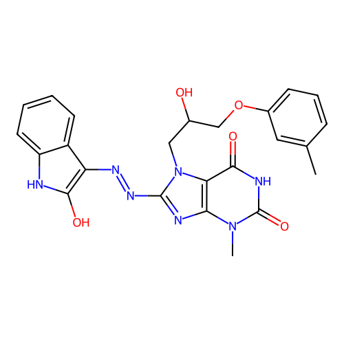 (Z)-7-(2-hydroxy-3-(m-tolyloxy)propyl)-3-methyl-8-(2-(2-oxoindolin-3-ylidene)hydrazinyl)-1H-purine-2,6(3H,7H)-dione structure