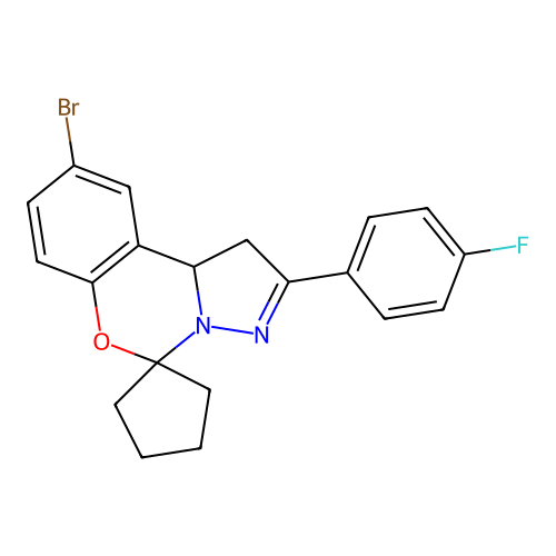 2-bromo-9-(4-fluorophenyl)spiro[10aH-benzo[e]2-pyrazolino[1,5-c]1,3-oxazine-6, 1'-cyclopentane] structure