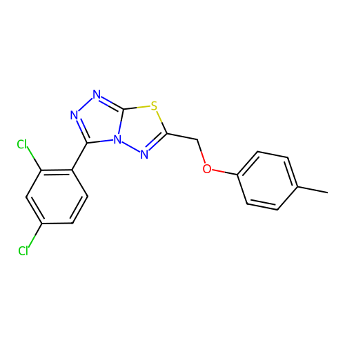 3-(2,4-dichlorophenyl)-6-((p-tolyloxy)methyl)-[1,2,4]triazolo[3,4-b][1,3,4]thiadiazole structure