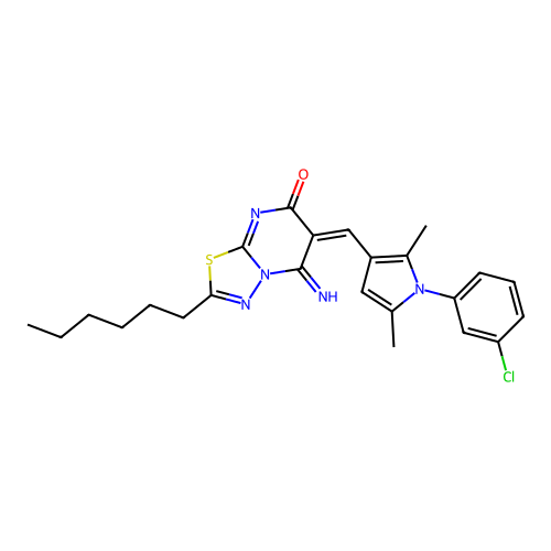 (6E)-6-[[1-(3-chlorophenyl)-2,5-dimethylpyrrol-3-yl]methylidene]-2-hexyl-5-imino-[1,3,4]thiadiazolo[3,2-a]pyrimidin-7-one structure