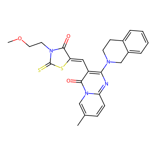 2-(3,4-dihydroisoquinolin-2(1H)-yl)-3-{(Z)-[3-(2-methoxyethyl)-4-oxo-2-thioxo-1,3-thiazolidin-5-ylidene]methyl}-7-methyl-4H-pyrido[1,2-a]pyrimidin-4-one structure