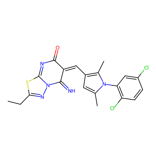 (6E)-6-[[1-(2,5-dichlorophenyl)-2,5-dimethylpyrrol-3-yl]methylidene]-2-ethyl-5-imino-[1,3,4]thiadiazolo[3,2-a]pyrimidin-7-one structure