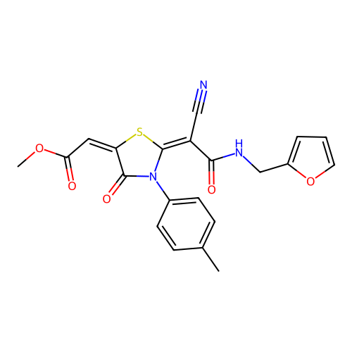 (E)-methyl 2-((E)-2-(1-cyano-2-((furan-2-ylmethyl)amino)-2-oxoethylidene)-4-oxo-3-(p-tolyl)thiazolidin-5-ylidene)acetate structure