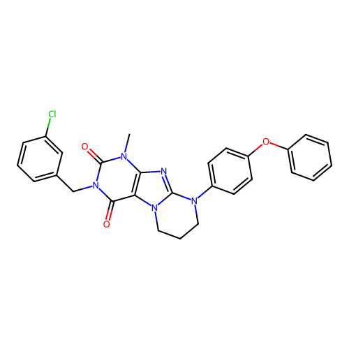 3-(3-chlorobenzyl)-1-methyl-9-(4-phenoxyphenyl)-6,7,8,9-tetrahydropyrimido[2,1-f]purine-2,4(1H,3H)-dione structure