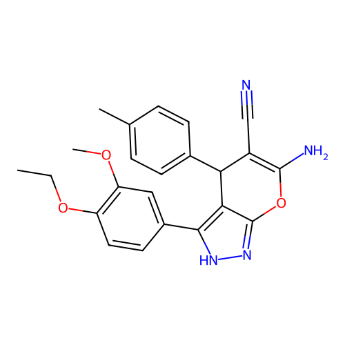 6-amino-3-(4-ethoxy-3-methoxyphenyl)-4-(4-methylphenyl)-2,4-dihydropyrano[2,3-c]pyrazole-5-carbonitrile structure