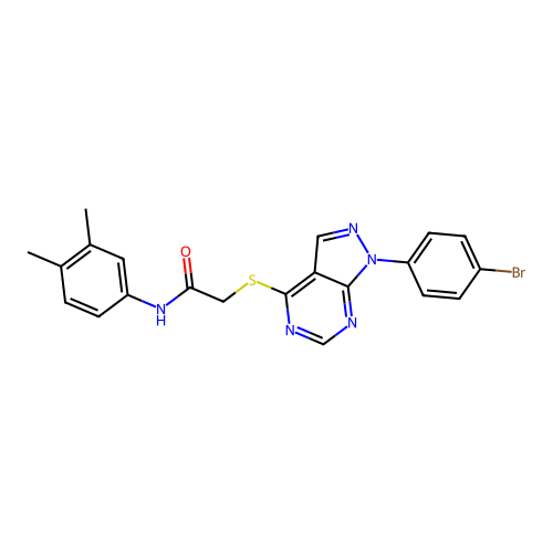 2-[1-(4-bromophenyl)pyrazolo[3,4-d]pyrimidin-4-yl]sulfanyl-N-(3,4-dimethylphenyl)acetamide structure