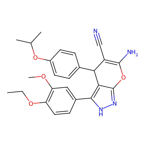 6-amino-3-(4-ethoxy-3-methoxyphenyl)-4-(4-isopropoxyphenyl)-1,4-dihydropyrano[2,3-c]pyrazole-5-carbonitrile structure