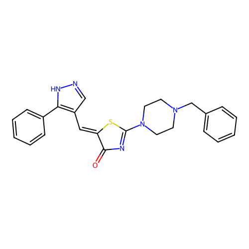 (Z)-2-(4-benzylpiperazin-1-yl)-5-((3-phenyl-1H-pyrazol-4-yl)methylene)thiazol-4(5H)-one structure