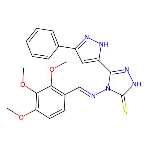 (E)-5-(3-phenyl-1H-pyrazol-5-yl)-4-((2,3,4-trimethoxybenzylidene)amino)-4H-1,2,4-triazole-3-thiol structure