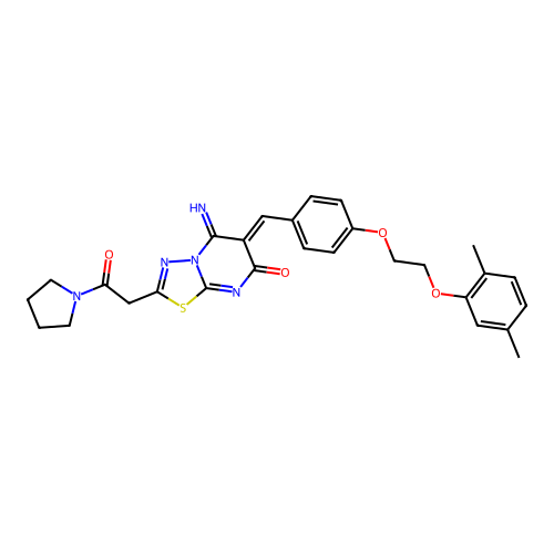 (6Z)-6-[[4-[2-(2,5-dimethylphenoxy)ethoxy]phenyl]methylidene]-5-imino-2-(2-oxo-2-pyrrolidin-1-ylethyl)-[1,3,4]thiadiazolo[3,2-a]pyrimidin-7-one structure
