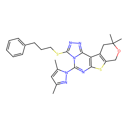 5-(3,5-dimethyl-1H-pyrazol-1-yl)-10,10-dimethyl-3-((3-phenylpropyl)thio)-10,11-dihydro-8H-pyrano[4',3':4,5]thieno[3,2-e][1,2,4]triazolo[4,3-c]pyrimidine structure