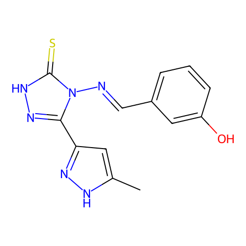 4-[(E)-(3-hydroxyphenyl)methylideneamino]-3-(5-methyl-1H-pyrazol-3-yl)-1H-1,2,4-triazole-5-thione structure