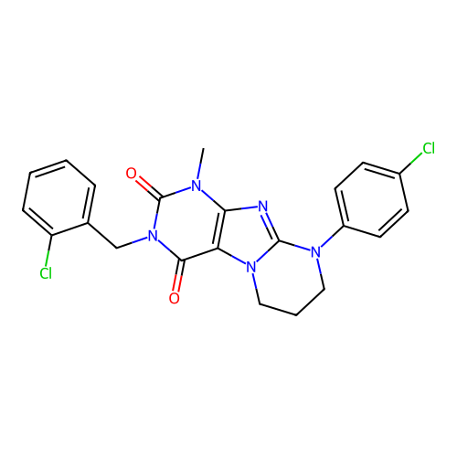 3-(2-chlorobenzyl)-9-(4-chlorophenyl)-1-methyl-6,7,8,9-tetrahydropyrimido[2,1-f]purine-2,4(1H,3H)-dione structure