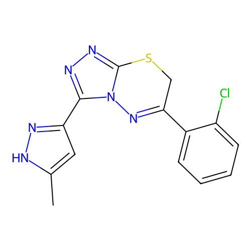 6-(2-chlorophenyl)-3-(3-methyl-1H-pyrazol-5-yl)-7H-[1,2,4]triazolo[3,4-b][1,3,4]thiadiazine structure