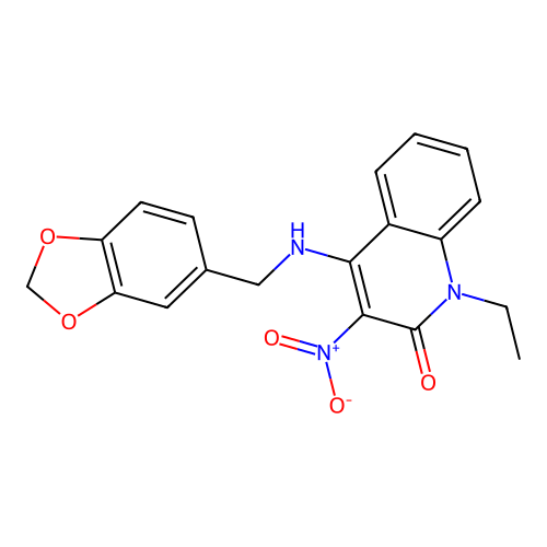 4-((benzo[d][1,3]dioxol-5-ylmethyl)amino)-1-ethyl-3-nitroquinolin-2(1H)-one structure