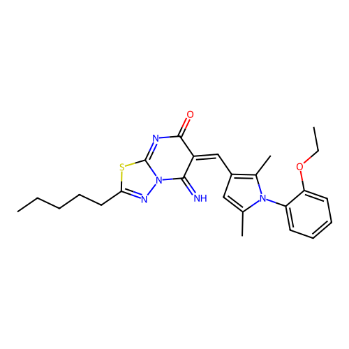 (E)-6-((1-(2-ethoxyphenyl)-2,5-dimethyl-1H-pyrrol-3-yl)methylene)-5-imino-2-pentyl-5H-[1,3,4]thiadiazolo[3,2-a]pyrimidin-7(6H)-one structure