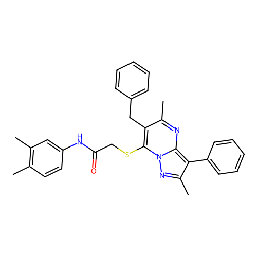 2-[(6-benzyl-2,5-dimethyl-3-phenylpyrazolo[1,5-a]pyrimidin-7-yl)sulfanyl]-N-(3,4-dimethylphenyl)acetamide structure