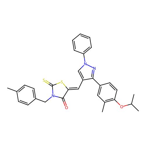 (5Z)-3-(4-methylbenzyl)-5-({3-[3-methyl-4-(propan-2-yloxy)phenyl]-1-phenyl-1H-pyrazol-4-yl}methylidene)-2-thioxo-1,3-thiazolidin-4-one structure