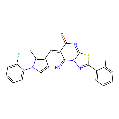 (6E)-6-[[1-(2-fluorophenyl)-2,5-dimethylpyrrol-3-yl]methylidene]-5-imino-2-(2-methylphenyl)-[1,3,4]thiadiazolo[3,2-a]pyrimidin-7-one structure