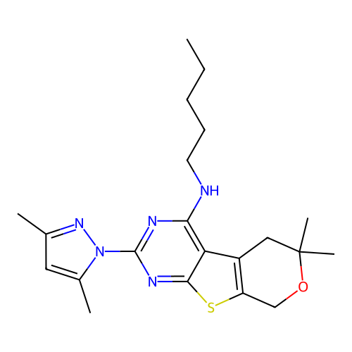 2-(3,5-dimethyl-1H-pyrazol-1-yl)-6,6-dimethyl-N-pentyl-5,8-dihydro-6H-pyrano[4',3':4,5]thieno[2,3-d]pyrimidin-4-amine structure