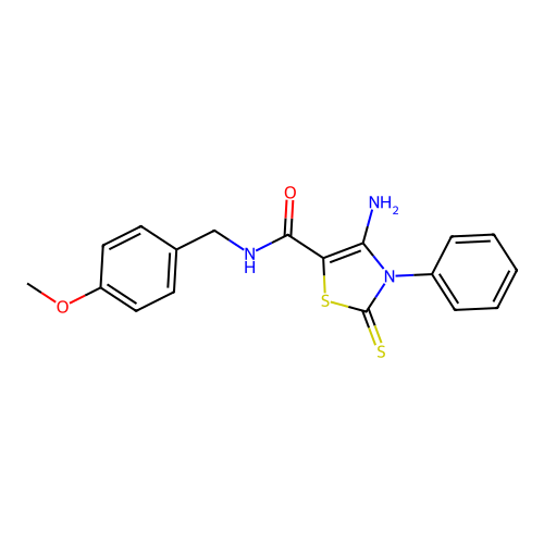 4-Amino-3-phenyl-2-thioxo-2,3-dihydro-thiazole-5-carboxylic acid 4-methoxy-benzylamide structure
