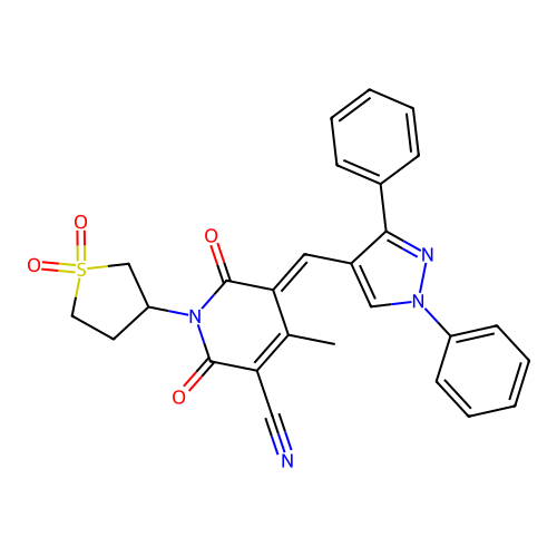 (5E)-1-(1,1-dioxidotetrahydrothiophen-3-yl)-5-[(1,3-diphenyl-1H-pyrazol-4-yl)methylidene]-4-methyl-2,6-dioxo-1,2,5,6-tetrahydropyridine-3-carbonitrile structure