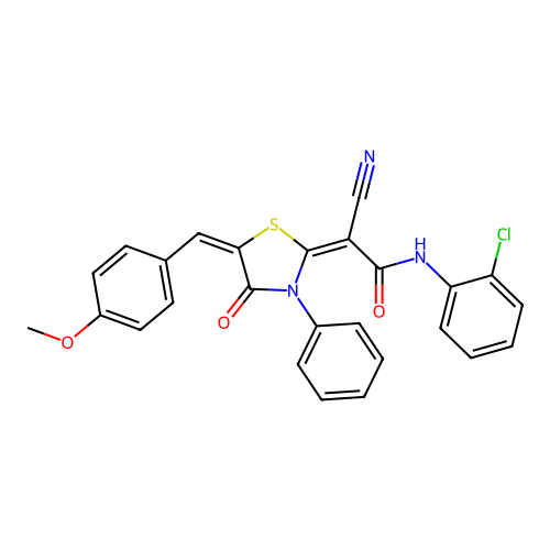 (2E)-N-(2-chlorophenyl)-2-cyano-2-[(5E)-5-(4-methoxybenzylidene)-4-oxo-3-phenyl-1,3-thiazolidin-2-ylidene]ethanamide structure
