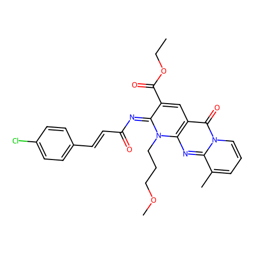 (Z)-ethyl 2-(((E)-3-(4-chlorophenyl)acryloyl)imino)-1-(3-methoxypropyl)-10-methyl-5-oxo-2,5-dihydro-1H-dipyrido[1,2-a:2',3'-d]pyrimidine-3-carboxylate structure