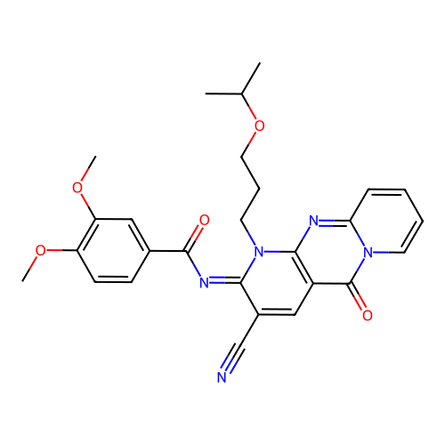 (E)-N-(3-cyano-1-(3-isopropoxypropyl)-5-oxo-1H-dipyrido[1,2-a:2',3'-d]pyrimidin-2(5H)-ylidene)-3,4-dimethoxybenzamide structure