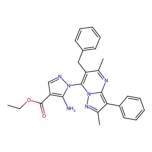 ethyl 5-amino-1-(6-benzyl-2,5-dimethyl-3-phenylpyrazolo[1,5-a]pyrimidin-7-yl)-1H-pyrazole-4-carboxylate structure