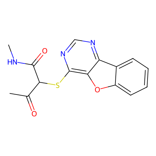 2-([1]benzofuro[3,2-d]pyrimidin-4-ylsulfanyl)-N-methyl-3-oxobutanamide structure