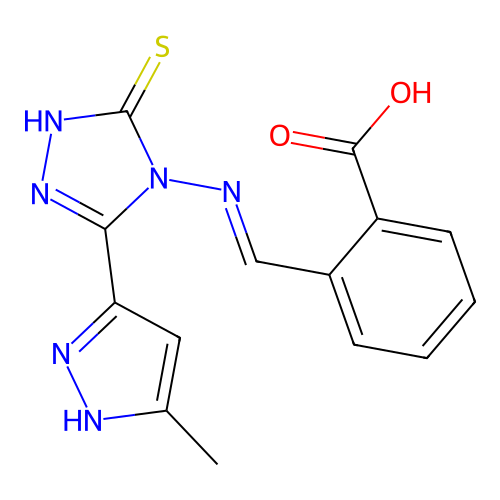 (E)-2-(((3-mercapto-5-(3-methyl-1H-pyrazol-5-yl)-4H-1,2,4-triazol-4-yl)imino)methyl)benzoic acid structure